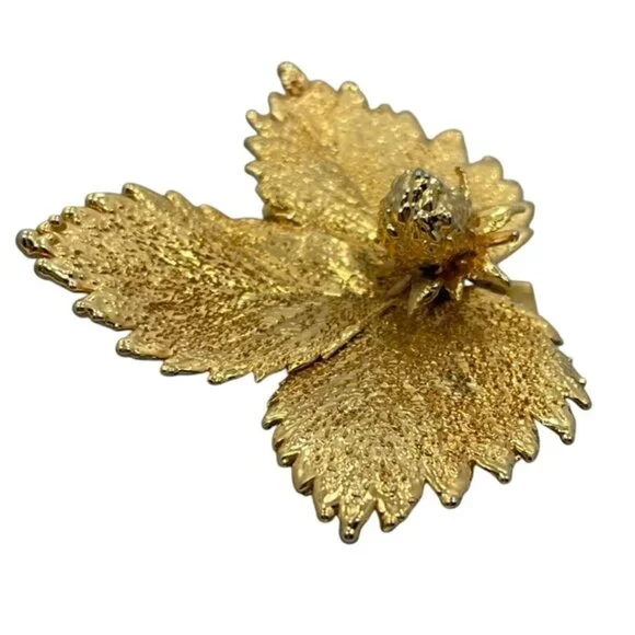 Vintage Gold Electropated Leaf Brooch Breveté Mark E in D Maker Botanical Style - Picture 2 of 5